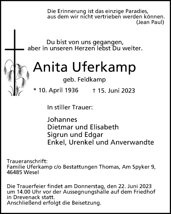 Traueranzeige von Anita Uferkamp von Tageszeitung