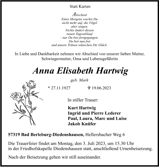 Traueranzeige von Anna Elisabeth Hartwig von Tageszeitung