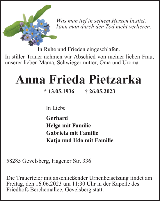 Traueranzeige von Anna Frieda Pietzarka von Tageszeitung