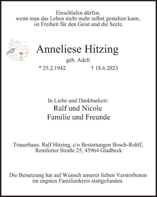 Traueranzeige von Anneliese Hitzing von Tageszeitung