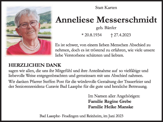 Traueranzeige von Anneliese Messerschmidt von Tageszeitung