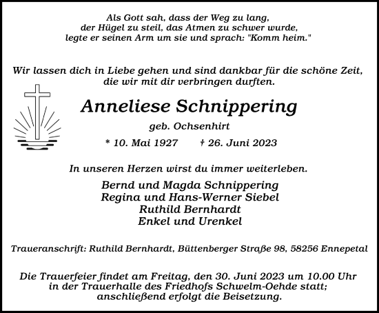 Traueranzeige von Anneliese Schnippering von Tageszeitung