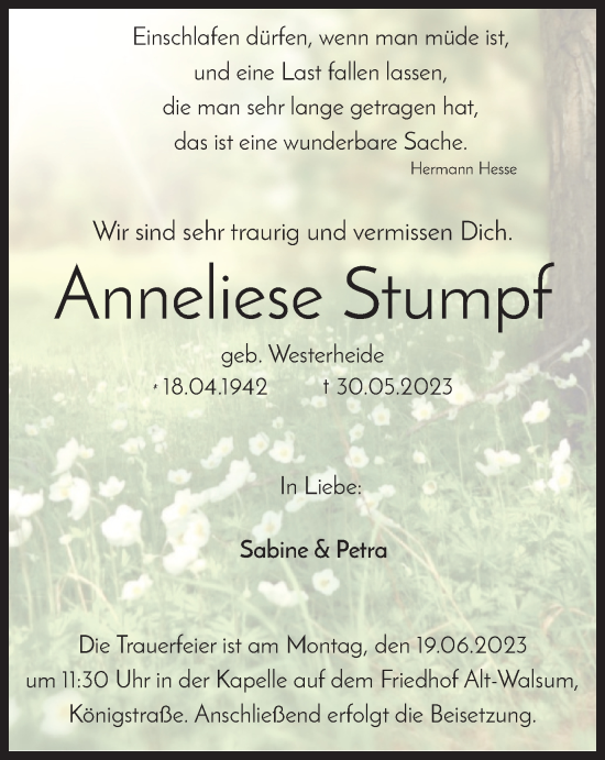 Traueranzeige von Anneliese Stumpf von Tageszeitung