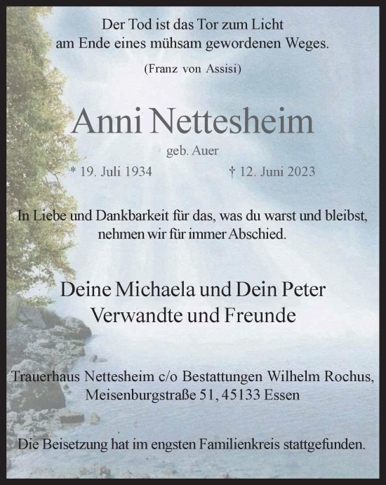 Traueranzeige von Anni Nettesheim von Tageszeitung