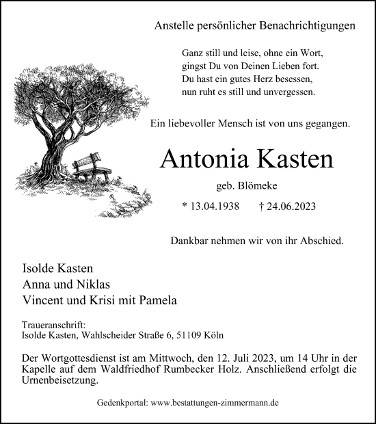 Traueranzeige von Antonia Kasten von Tageszeitung