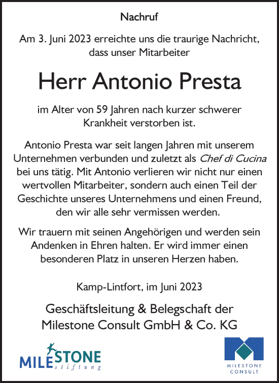 Traueranzeige von Antonio Presta von Tageszeitung