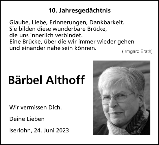 Traueranzeige von Bärbel Althoff von Tageszeitung