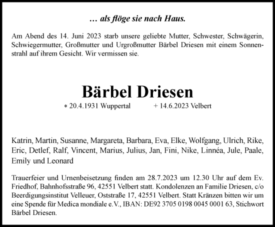 Traueranzeige von Bärbel Driesen von Tageszeitung
