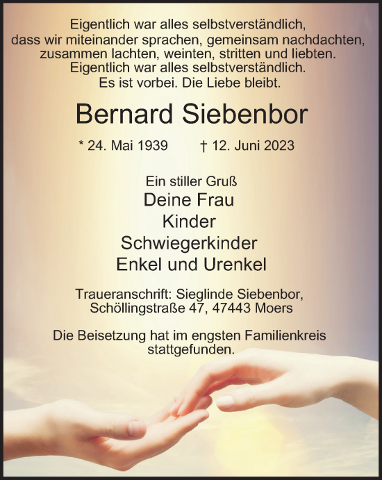 Traueranzeige von Bernard Siebenbor von Tageszeitung