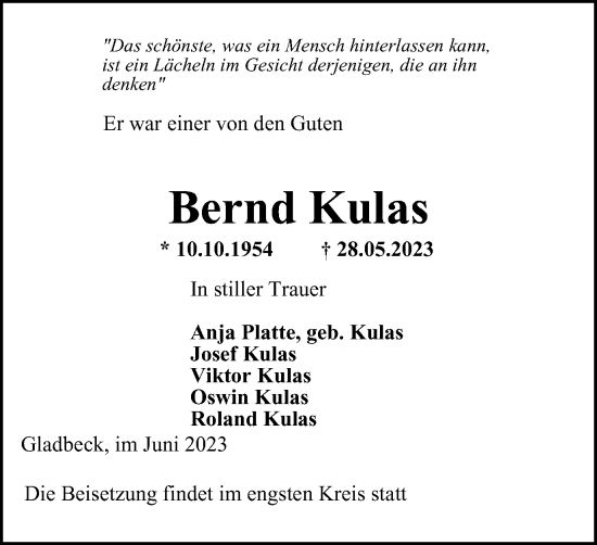 Traueranzeige von Bernd Kulas von Tageszeitung