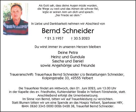 Traueranzeige von Bernd Schneider von Tageszeitung