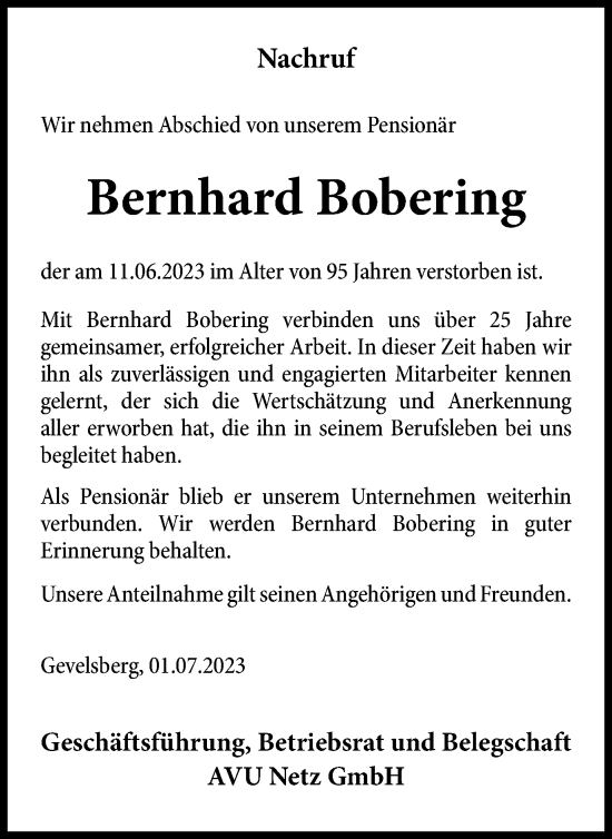 Traueranzeige von Bernhard Bobering von Tageszeitung