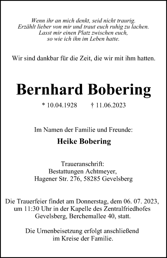 Traueranzeige von Bernhard Bobering von Tageszeitung