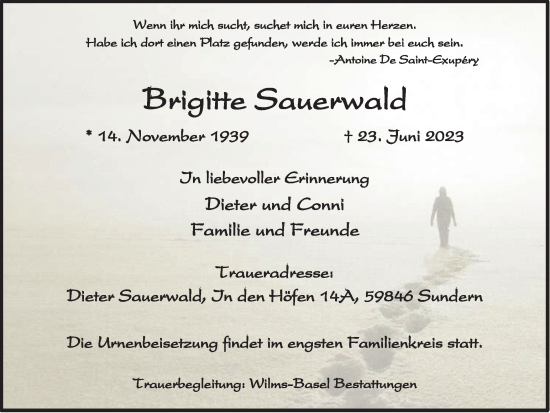 Traueranzeige von Brigitte Sauerwald von Tageszeitung