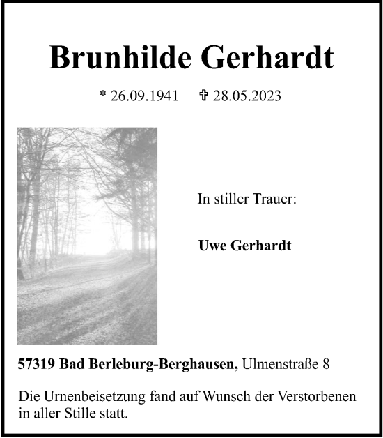 Traueranzeige von Brunhilde Gerhardt von Tageszeitung