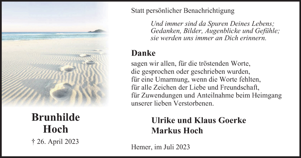  Traueranzeige für Brunhilde Hoch vom 01.07.2023 aus Tageszeitung