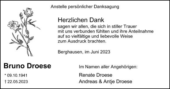 Traueranzeige von Bruno Droese von Tageszeitung