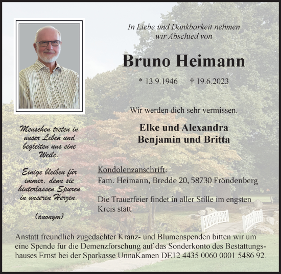 Traueranzeige von Bruno Heimann von Tageszeitung