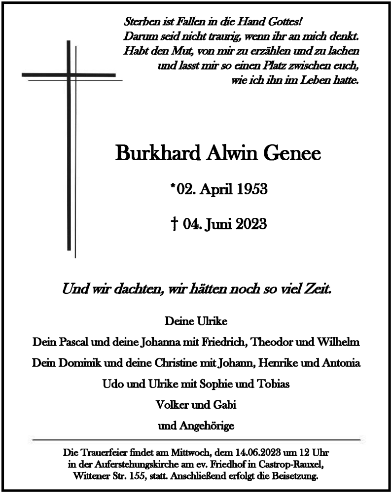  Traueranzeige für Burkhard Alwin Genee vom 10.06.2023 aus Tageszeitung