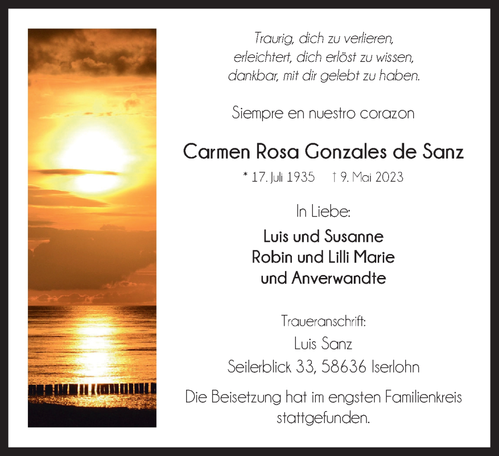  Traueranzeige für Carmen Rosa Gonzales de Sanz vom 03.06.2023 aus Tageszeitung