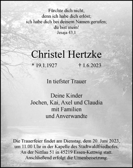 Traueranzeige von Christel Hertzke von Tageszeitung