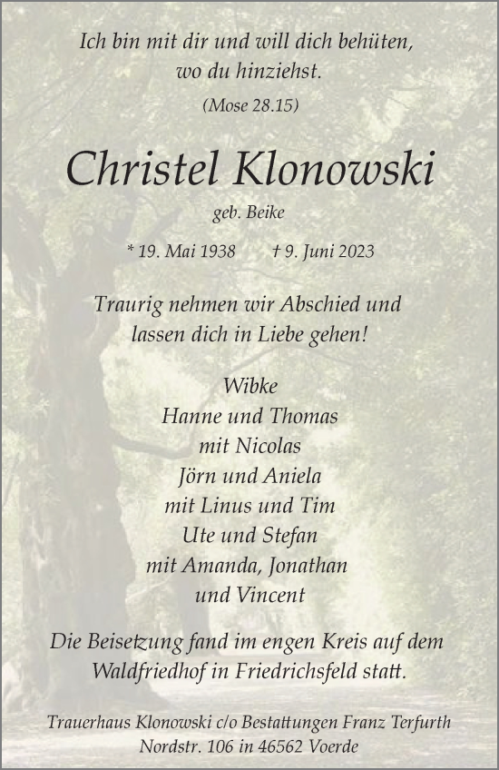 Traueranzeige von Christel Klonowski von Tageszeitung