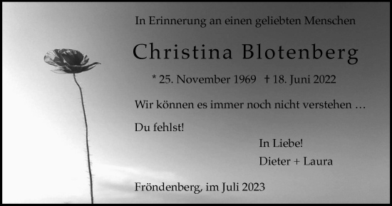 Traueranzeige von Christina Blotenberg von Tageszeitung