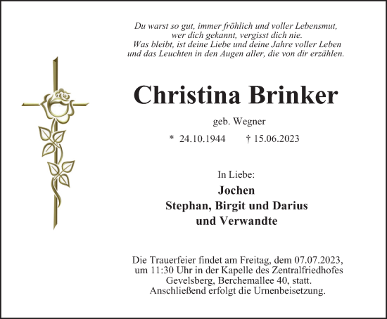 Traueranzeige von Christina Brinker von Tageszeitung