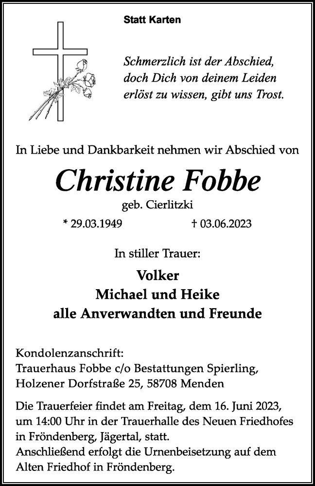  Traueranzeige für Christine Fobbe vom 10.06.2023 aus Tageszeitung