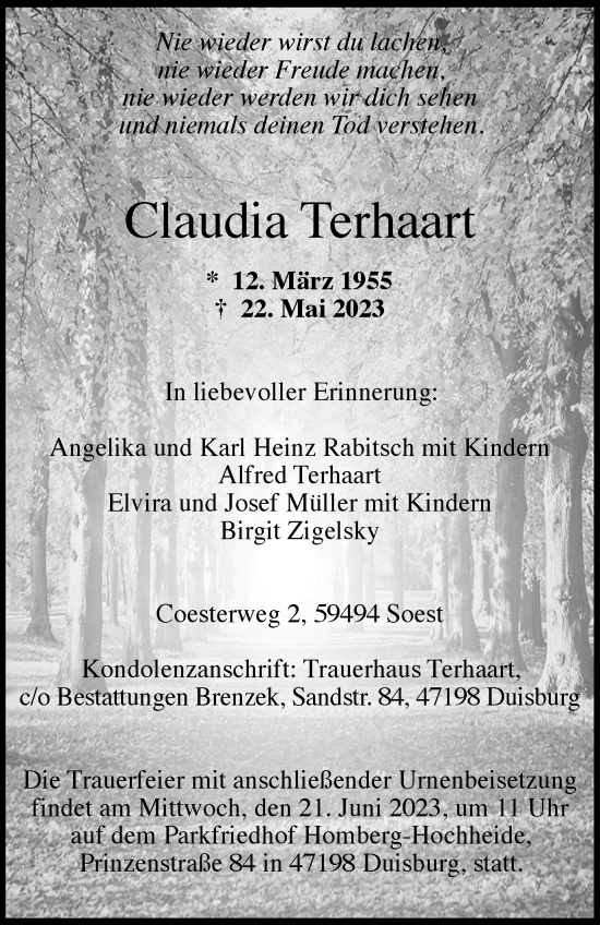 Traueranzeige von Claudia Terhaart von Tageszeitung