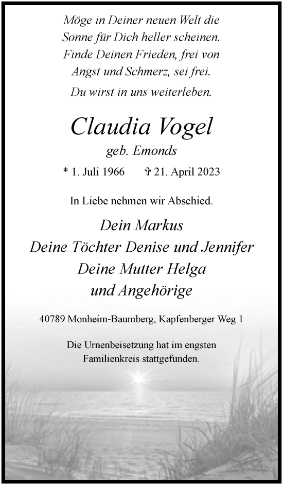 Traueranzeige von Claudia Vogel von Tageszeitung