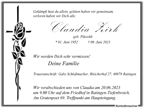Traueranzeige von Claudia Zirk von Tageszeitung