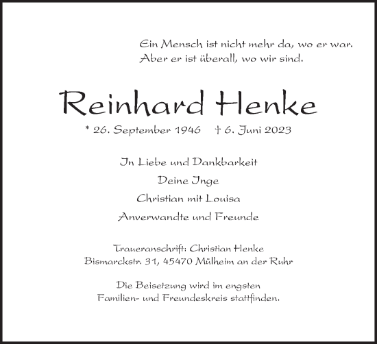 Traueranzeige von Reinhard Henke von Tageszeitung