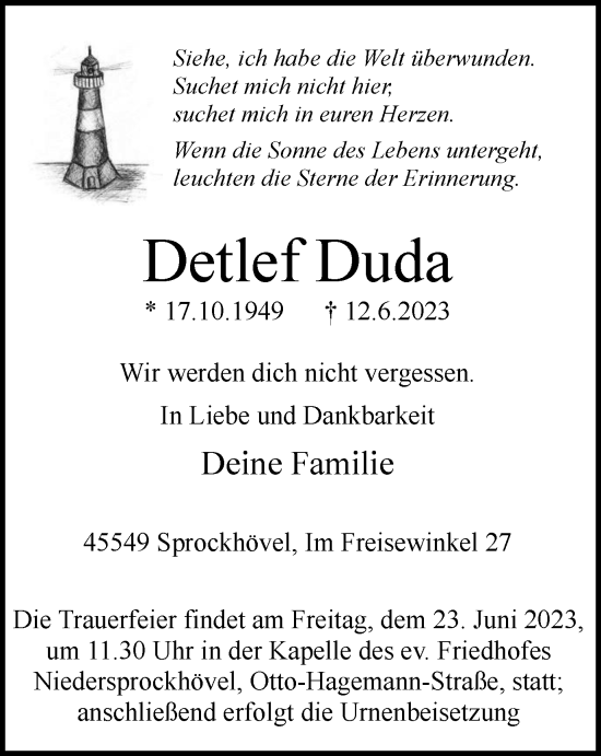 Traueranzeige von Detlef Duda von Tageszeitung