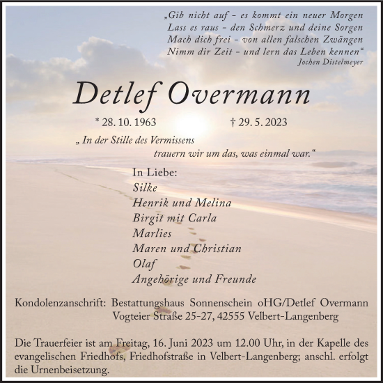 Traueranzeige von Detlef Overmann von Tageszeitung