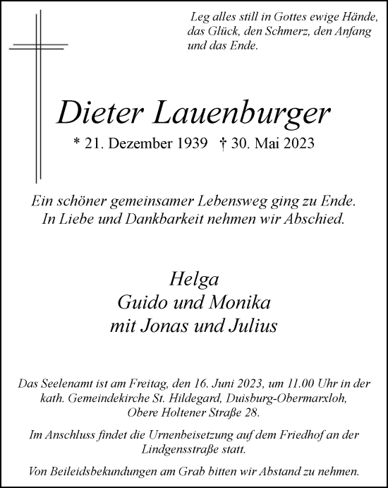 Traueranzeige von Dieter Lauenburger von Tageszeitung