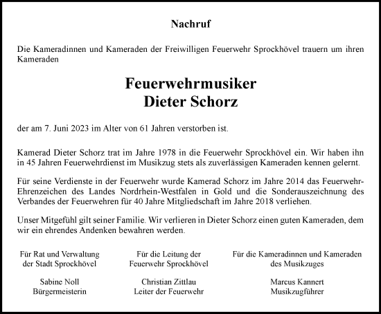 Traueranzeige von Dieter Schorz von Tageszeitung