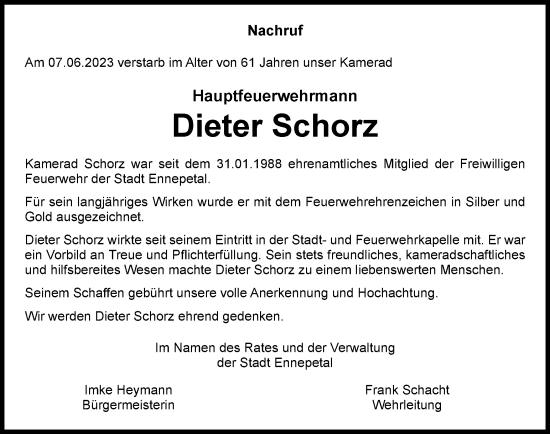 Traueranzeige von Dieter Schorz von Tageszeitung