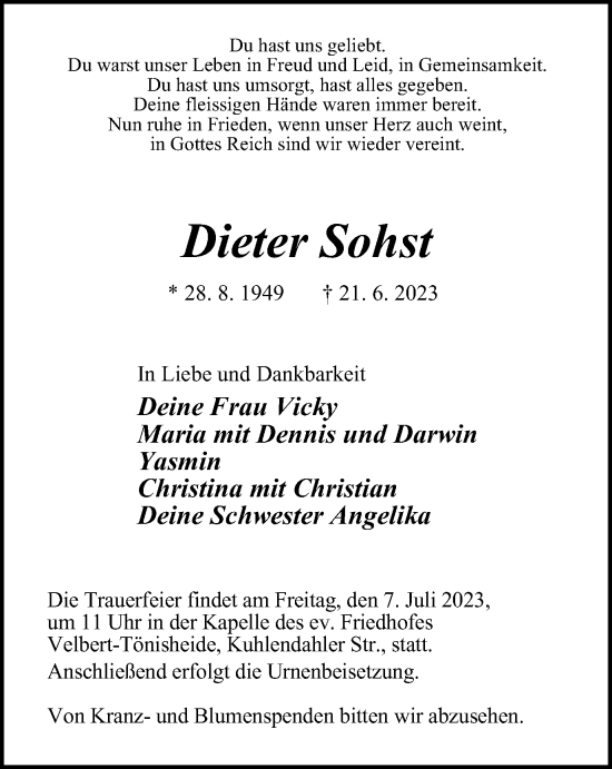 Traueranzeige von Dieter Sohst von Tageszeitung
