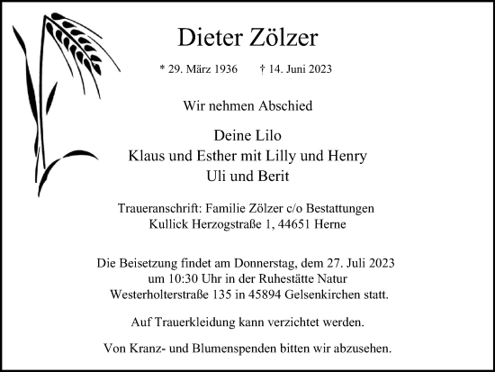 Traueranzeige von Dieter Zölzer von Tageszeitung