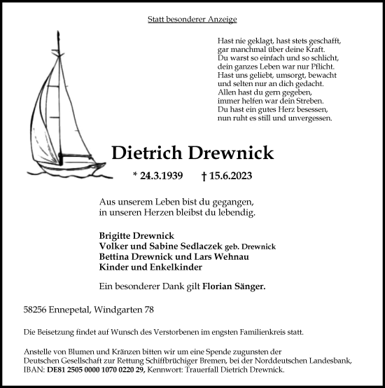 Traueranzeige von Dietrich Drewnick von Tageszeitung