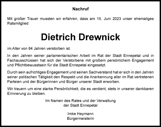 Traueranzeige von Dietrich Drewnick von Tageszeitung