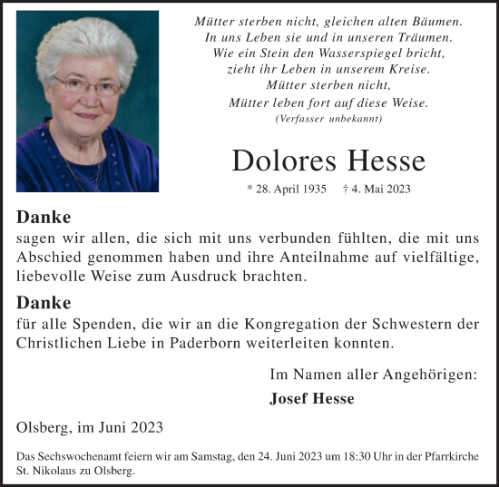 Traueranzeige von Dolores Hesse von Tageszeitung