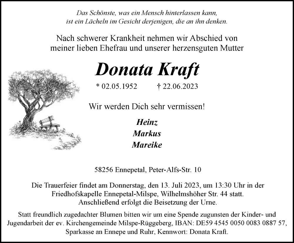  Traueranzeige für Donata Kraft vom 01.07.2023 aus Tageszeitung