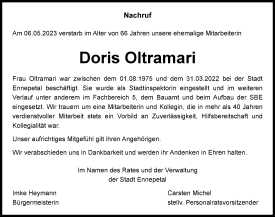Traueranzeige von Doris Oltramari von Tageszeitung