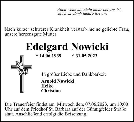 Traueranzeige von Edelgard Nowicki von Tageszeitung