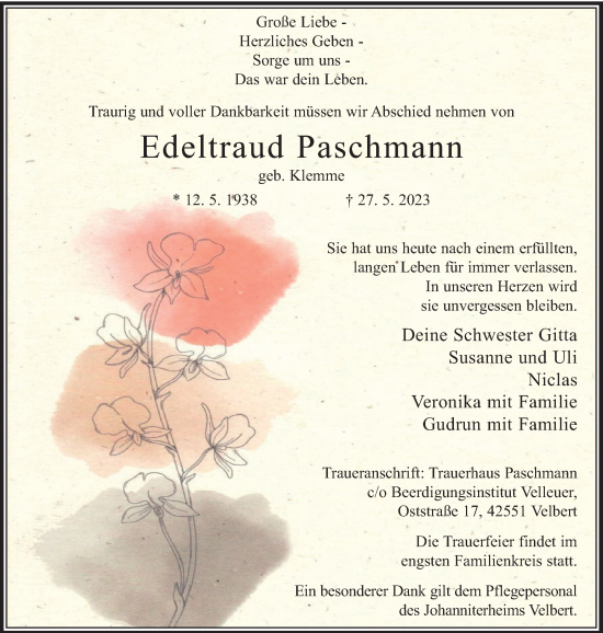 Traueranzeige von Edeltraud Paschmann von Tageszeitung