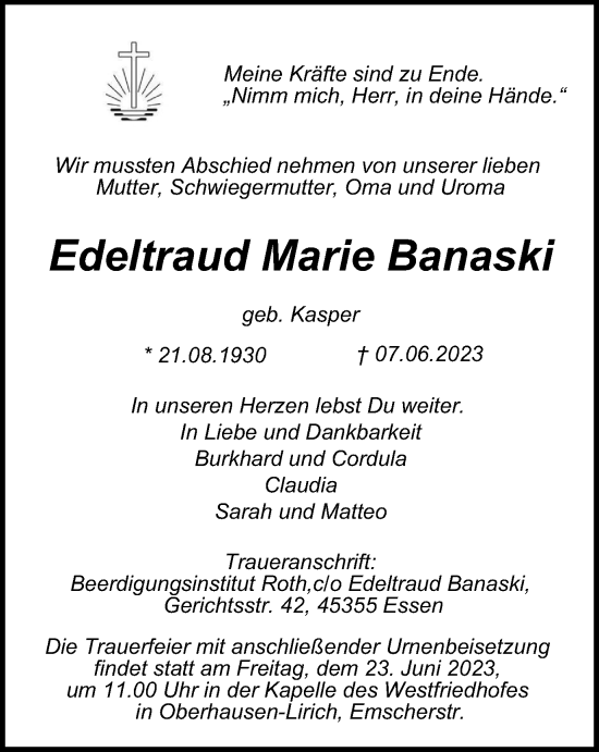 Traueranzeige von Edeltraud Marie Banaski von Tageszeitung