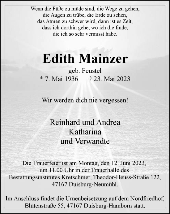 Traueranzeige von Edith Mainzer von Tageszeitung