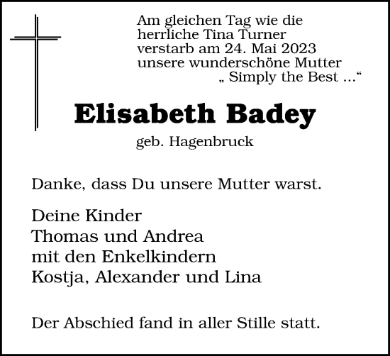 Traueranzeige von Elisabeth Badey von Tageszeitung